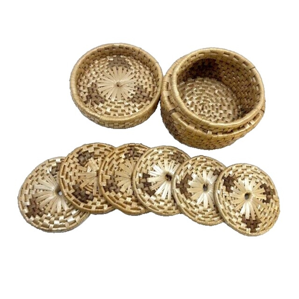 Vintage Set of 6 Straw Grass Coasters Natural In Boho Hand Woven Basket With Lid